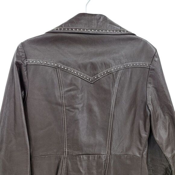 Vtg 70's Womens Leather Trench Coat Cowgirl Western Contrast Stitching Brown S - Picture 8 of 11